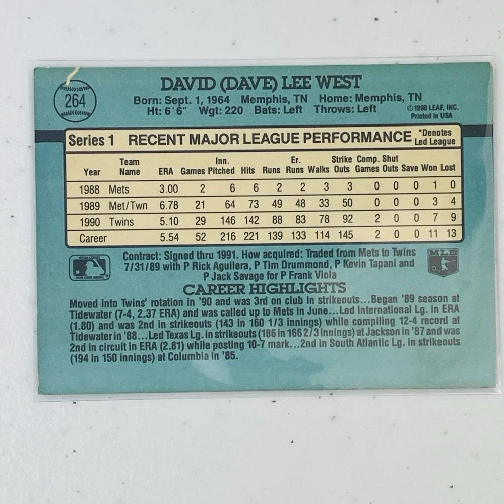 1991 Donruss Baseball Card Minnesota Twins David West 264 Trading Card